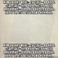 муж звонит жене: - ты где? - я в норе. - где, где? - ну, в норе, которую ты мне купил! - дура, не в норе, а в рено. хорошо, что я тебе пежо не купил. муж звонит жене: - ты где? - я в норе. - где, где? - ну, в норе, которую ты мне купил! - дура, не в норе, а в рено. хорошо, что я тебе пежо не купил.