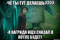 -чё ты тут делаешь???? -я хагрида ищу.сказал в котле будет!