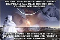 куда уходит бывшая любовь в свинцовых сапогах по бездорожью... в ухабы падая и поднимаясь вновь, отравленная низменною ложью... ... блуждая в лабиринте мертвых чувств, в развалинах забытых обещаний... зачахнет, словно белой розы куст, в удушливом кольце непонимания...