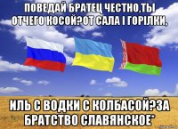 поведай братец честно,ты отчего косой?от сала i горiлки, иль с водки с колбасой?за братство славянское*