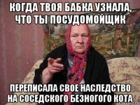 когда твоя бабка узнала, что ты посудомойщик переписала свое наследство на соседского безногого кота