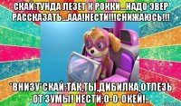 скай:тунда лезет к рокки...надо эвер рассказать...ааа!нести!!!снижаюсь!!! *внизу*скай:так,ты,дибилка,отлезь от зумы! нести:о-о-окей!..