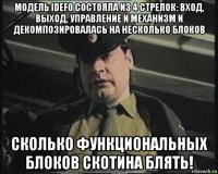 модель idef0 состояла из 4 стрелок: вход, выход, управление и механизм и декомпозировалась на несколько блоков сколько функциональных блоков скотина блять!
