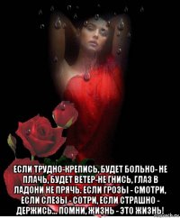  если трудно-крепись, будет больно- не плачь, будет ветер-не гнись, глаз в ладони не прячь. если грозы - смотри, если слезы - сотри, если страшно - держись... помни, жизнь - это жизнь!