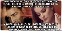у каждого из нас есть точка срыва, когда становится на сердце тяжело, когда нам кажется, что падаем с обрыва, и жизнь становится, как черное пятно... у каждого из нас есть луч надежды, и кто-то очень близкий и родной не даст тебе упасть в пучину бездны, и скажет: "ты не бойся, я с тобой!"