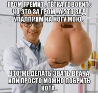 гром гремит , тётка говорит : чо это за гром . а это зад упалпрям на ногу мою . что-же делать звать врача или просто можно побрить кота .