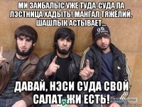 ми заибалыс уже туда-суда па лэстница хадыть! мангал тяжёлий, шашлык астывает... давай, нэси суда свой салат, жи есть!