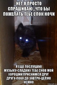 нет я просто спрашиваю...что бы пожелать тебе спок ночи я еще послушаю музыку-сладких тебе снов мой хороший!приснимся друг другу-пока до завтра-целую нежно