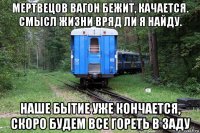 мертвецов вагон бежит, качается. смысл жизни вряд ли я найду. наше бытие уже кончается, скоро будем все гореть в заду