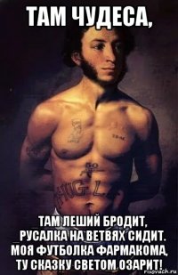 там чудеса, _там леший бродит, _русалка на ветвях сидит. моя футболка фармакома, ту сказку светом озарит!