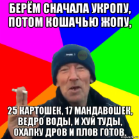 берём сначала укропу, потом кошачью жопу, 25 картошек, 17 мандавошек, ведро воды, и хуй туды, охапку дров и плов готов.