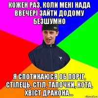 кожен раз, коли мені нада ввечері зайти додому безшумно я спотикаюся об поріг, стілець, стіл, тапочки, кота, хвіст дракона...