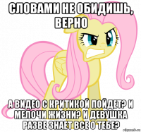словами не обидишь, верно а видео с критикой пойдет? и мелочи жизни? и девушка разве знает все о тебе?