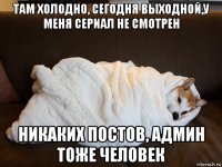 там холодно, сегодня выходной,у меня сериал не смотрен никаких постов, админ тоже человек