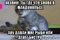 хозяин! ты где что сново в макдонольсе ану давай мне рыби или денег бистро