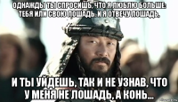 однажды ты спросишь, что я люблю больше: тебя или свою лошадь. и я отвечу лошадь, и ты уйдешь, так и не узнав, что у меня не лошадь, а конь...