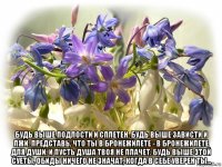  будь выше подлости и сплетен. будь выше зависти и лжи. представь, что ты в бронежилете - в бронежилете для души. и пусть душа твоя не плачет. будь выше этой суеты, обиды ничего не значат, когда в себе уверен ты...