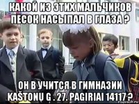 какой из этих мальчиков песок насыпал в глаза ? он в учится в гимназии kaštonų g . 27. pagiriai 14117 ?
