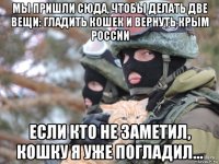 мы пришли сюда, чтобы делать две вещи: гладить кошек и вернуть крым россии если кто не заметил, кошку я уже погладил...