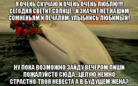 я очень скучаю и очень очень люблю!!! сегодня светит солнце...и значит нет нашим сомненьям и печалям-улыбнись любимый! ну пока возможно зайду вечером пиши пожалуйсто сюда...целую нежно страстно-твоя невеста а в будущем жена?