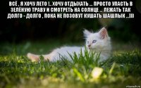 всё , я хочу лето !.. хочу отдыхать ... просто упасть в зелёную траву и смотреть на солнце ... лежать так долго - долго , пока не позовут кушать шашлык ...))) 