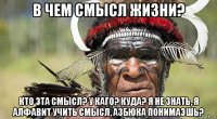 в чем смысл жизни? кто эта смысл? у каго? куда? я не знать, я алфавит учить смысл, азбюка понимаэшь?