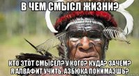 в чем смысл жизни? кто этот смысел? у кого? куда? зачем? я алвафит учить, азбюка понимаэшь?