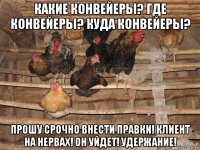 какие конвейеры? где конвейеры? куда конвейеры? прошу срочно внести правки! клиент на нервах! он уйдет! удержание!