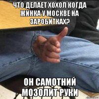 что делает хохол когда жинка у москве на заробитках? он самотний мозолит руки