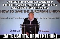 сокращение миграционного давления на континент, радикальная реформа европейского союза, отказ от единной валюты да ты, блять, просто гений!