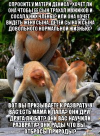 спросите у матери дениса - хочет ли она чтобы ее сын трахал мужиков и сосал у них члены? или она хочет видеть жену сына, детей сына и сына довольного нормальной жизнью? вот вы призываете к разврату. у вас есть мама и папа? они друг друга любят? они вас научили разврату? они рады что вы - отбросы природы?