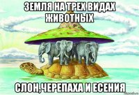 земля на трех видах животных слон,черепаха и есения
