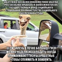 valstybinio socialinio draudimo fondo valdyba prie socialinės apsaugos ir darbo ministerijos. государственный фонд социального страхования при министерстве социального обеспечения и труда. если запечь в печке большог гуся можно неделю не голодать. когда приманивают гуся безработные чтобы споймать и зажарить.