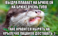 выдра плавает на брюхе ей на брюхе очень тупо тане нравится нырять на крылечке пацанов доставать :)