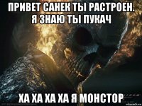 привет санек ты растроен. я знаю ты пукач ха ха ха ха я монстор