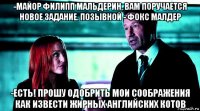 -майор филипп мальдерин, вам поручается новое задание. позывной - фокс малдер -есть! прошу одобрить мои соображения как извести жирных английских котов