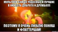 мультики самые чудесные и лучшие в них есть доброта и дружба!!!! поэтому я очень люблю поняш и флаттершай!