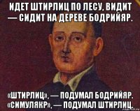 идет штирлиц по лесу, видит — сидит на дереве бодрийяр. «штирлиц», — подумал бодрийяр. «симулякр», — подумал штирлиц.