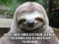  andrey men yemek isteyirem, sen meni yedizdirmelisen, axi men senin yoldaşınam