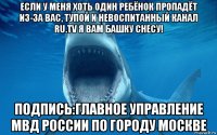 если у меня хоть один ребёнок пропадёт из-за вас, тупой и невоспитанный канал ru.tv я вам башку снесу! подпись:главное управление мвд россии по городу москве