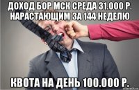 доход бор мск среда 31.000 р. нарастающим за 144 неделю квота на день 100.000 р.
