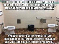 они сошлись. волна и камень, стихи и проза, лед и пламень. не столь различны меж собой. сперва взаимной разнотой они друг другу были скучны, потом понравились, потом съезжались каждый день верхом и вскоре стали неразлучны.