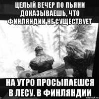 целый вечер по пьяни доказываешь, что финляндии не существует на утро просыпаешся в лесу. в финляндии