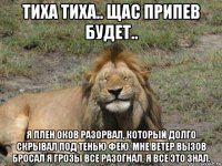 тиха тиха.. щас припев будет.. я плен оков разорвал, который долго скрывал под тенью фею. мне ветер вызов бросал я грозы все разогнал, я всё это знал.