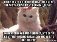 каждое утро я говорю себе: "подъем, красотка, нас ждут великие дела!" но внутренний голос шепчет, что если ждут, значит, любят, а если любят, то подождут!