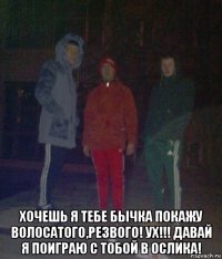  хочешь я тебе бычка покажу волосатого,резвого! ух!!! давай я поиграю с тобой в ослика!