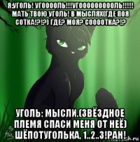 я:уголь! угооооль!!!угоооооооооль!!!!! мать твою уголь! в мыслях(где поя сотка!?!?) где? моя? соооотка?!? уголь: мысли.(звёздное племя спаси меня от неё) шёпотуголька, 1..2..3!ран!