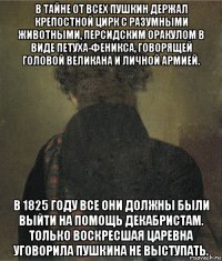 в тайне от всех пушкин держал крепостной цирк с разумными животными, персидским оракулом в виде петуха-феникса, говорящей головой великана и личной армией. в 1825 году все они должны были выйти на помощь декабристам. только воскресшая царевна уговорила пушкина не выступать.