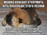 можно коне4но откормить 4уть побольше этого песика тогда его можно будет нафаршировать яблоками и черносливом и подавать как главное блюдо на любой праздни4ный стол!