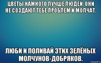 цветы намного лучше людей. они не создают тебе проблем и молчат. люби и поливай этих зелёных молчунов-добряков.